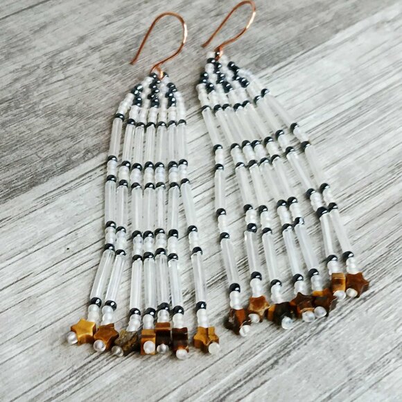 Beaded Fringe Dangle Earrings, Tigers Eye Stars, 3.5" - Picture 5 of 6